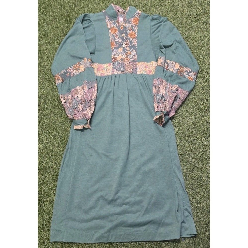 VTG 70s Mindy Malone Patchwork Prairie Maxi Dress Boho Cottagecore Bishop Sleeve